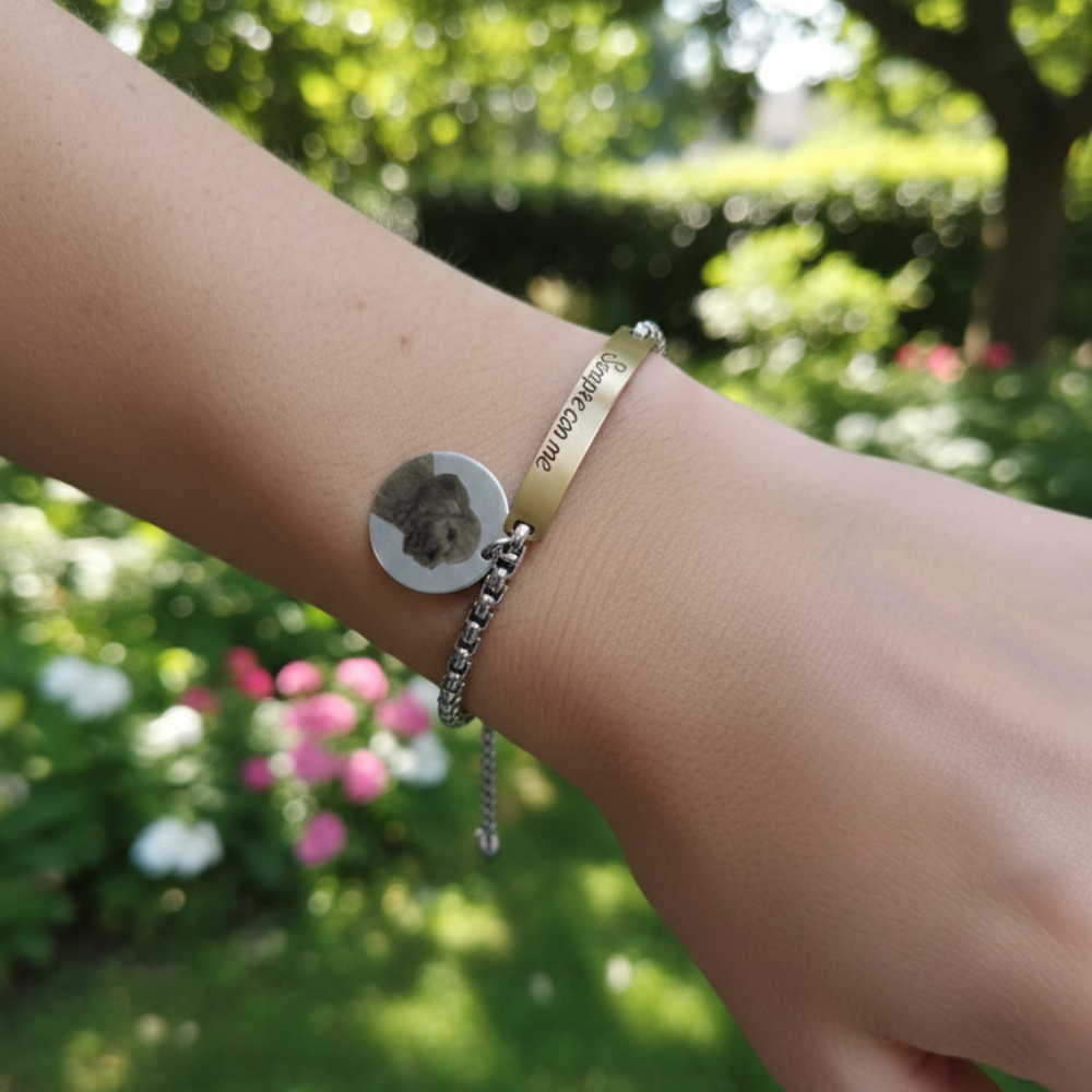 ✨ Bracciale Doppia Incisione – Personalizzabile con Frase + Foto Incisa 💎
