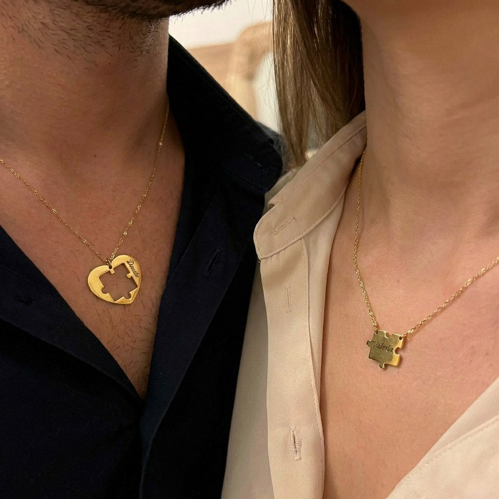 Collane Coppia Puzzle Personalizzate – Cuore Incompleto che Si Completa con il Tuo Nome ✨