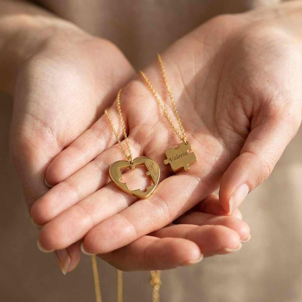 Collane Coppia Puzzle Personalizzate – Cuore Incompleto che Si Completa con il Tuo Nome ✨