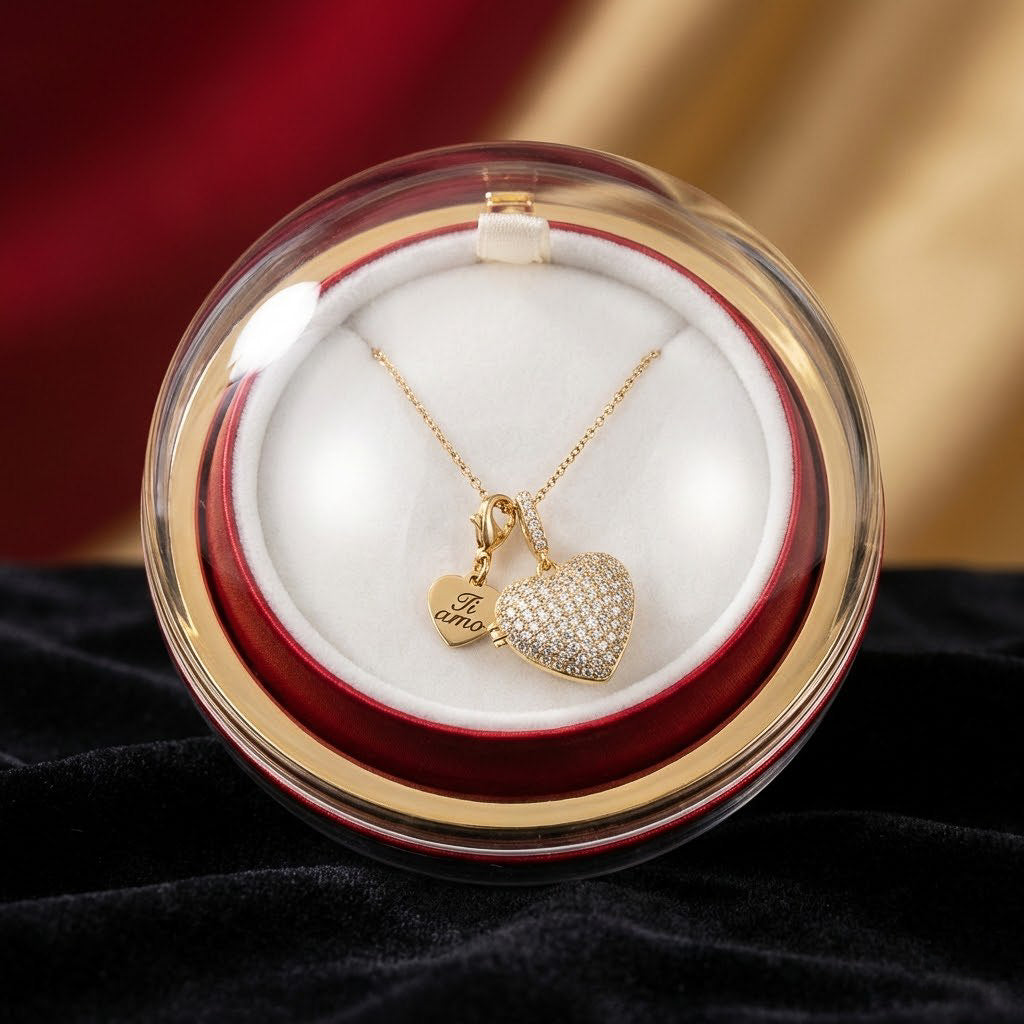Collana Charm Cuore Scrigno Brillantinata - Cuoricino Interno Personalizzato
