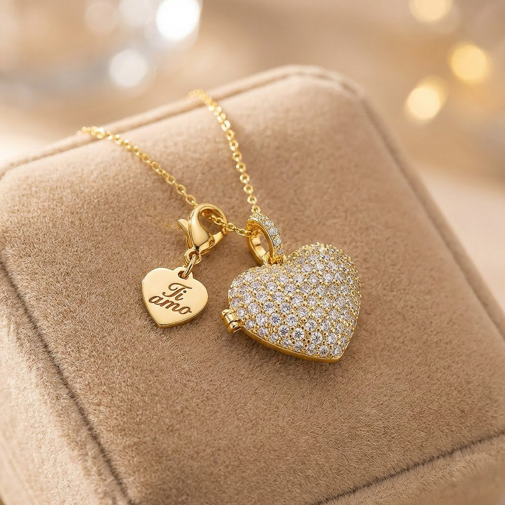 Collana Charm Cuore Scrigno Brillantinata - Cuoricino Interno Personalizzato